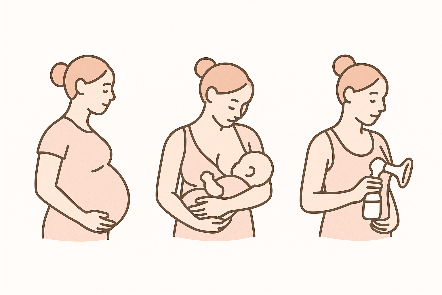 icono de madre embarazada al lado de otra amamntando al lado de una que se saca leche con sacaleche